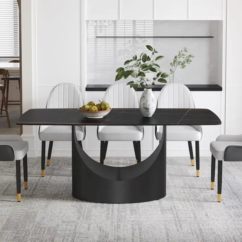 Rectangle Sintered Stone Dining Table with U-Shape Carbon Steel Base, 71 x 35.43 x 29.53