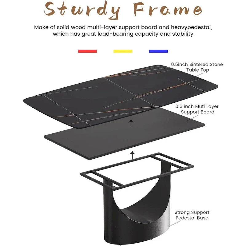 Rectangle Sintered Stone Dining Table with U-Shape Carbon Steel Base, 71 x 35.43 x 29.53