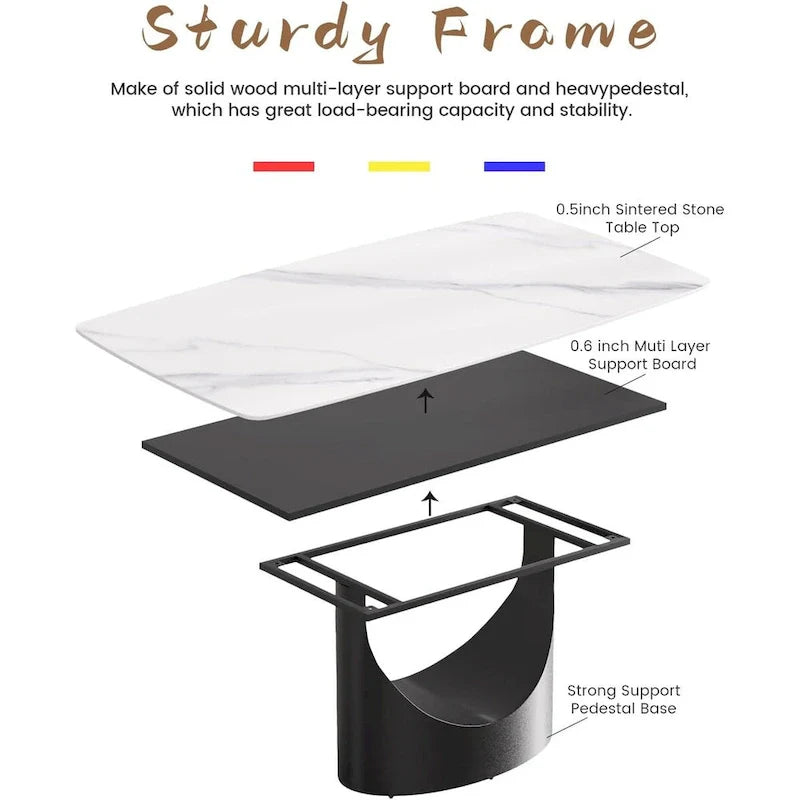 Rectangle Sintered Stone Dining Table with U-Shape Carbon Steel Base, 71 x 35.43 x 29.53