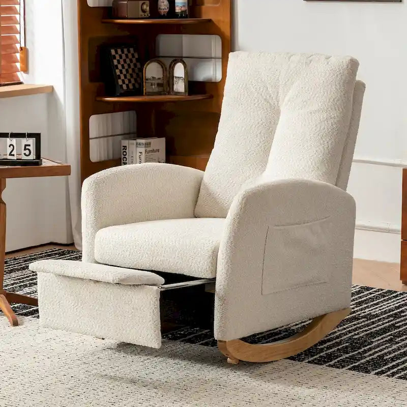 Upholstered Rocking Chair with High Back and Side Pocket