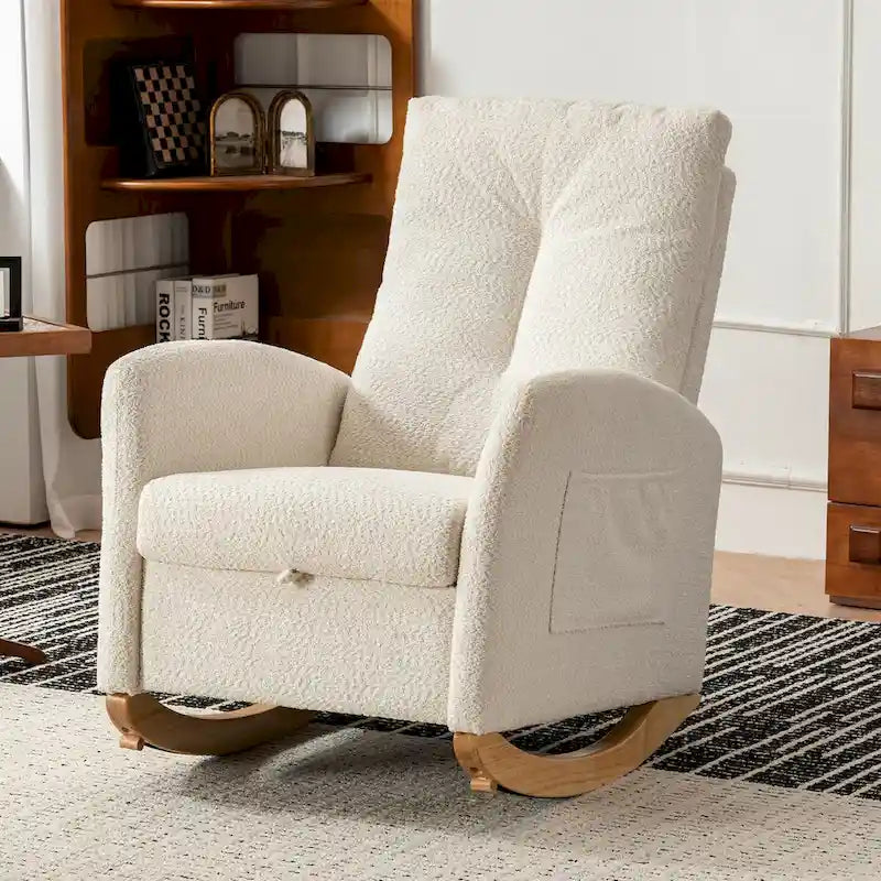 Upholstered Rocking Chair with High Back and Side Pocket