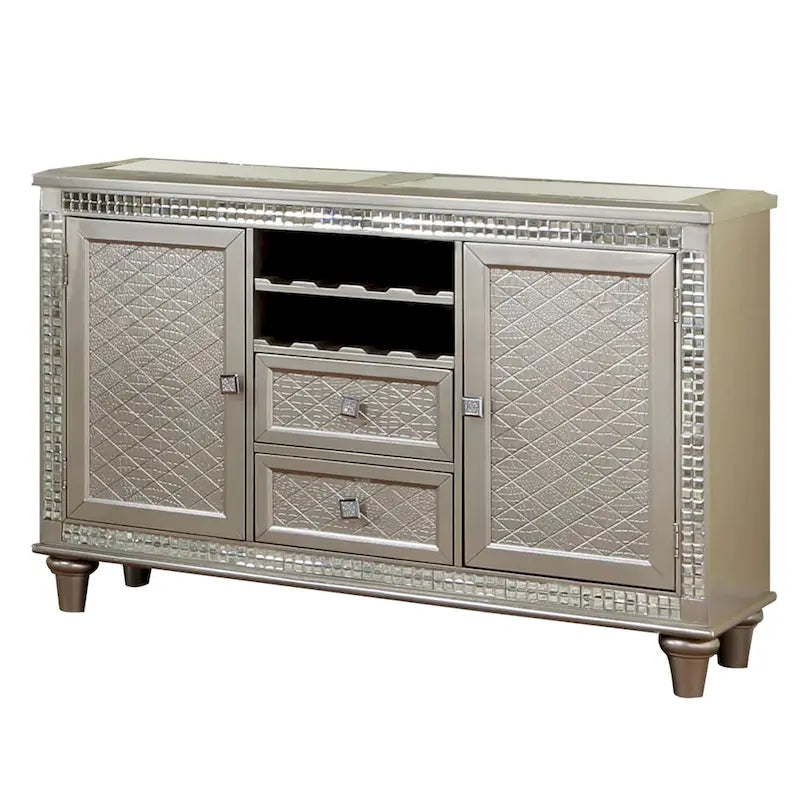 54 Inch Sideboard Buffet Console with Glass Top, Mirror Accents, Champagne Finish